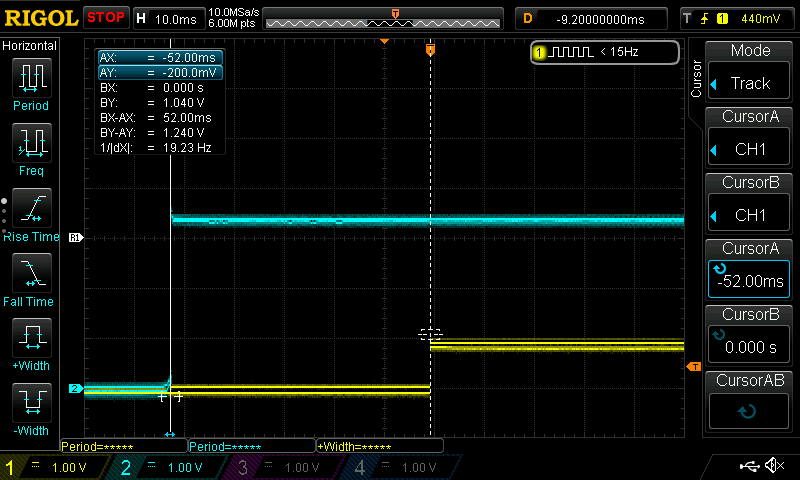 Rigol oscilloscope screenshot, shows blue trace at -52.0ms and yellow trace at 0ms