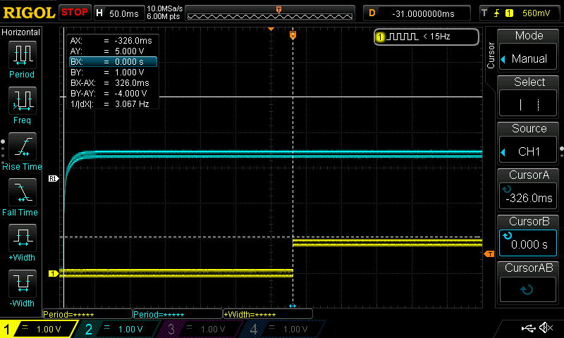 Rigol oscilloscope screenshot, shows blue trace at -326.0ms and yellow trace at 0ms